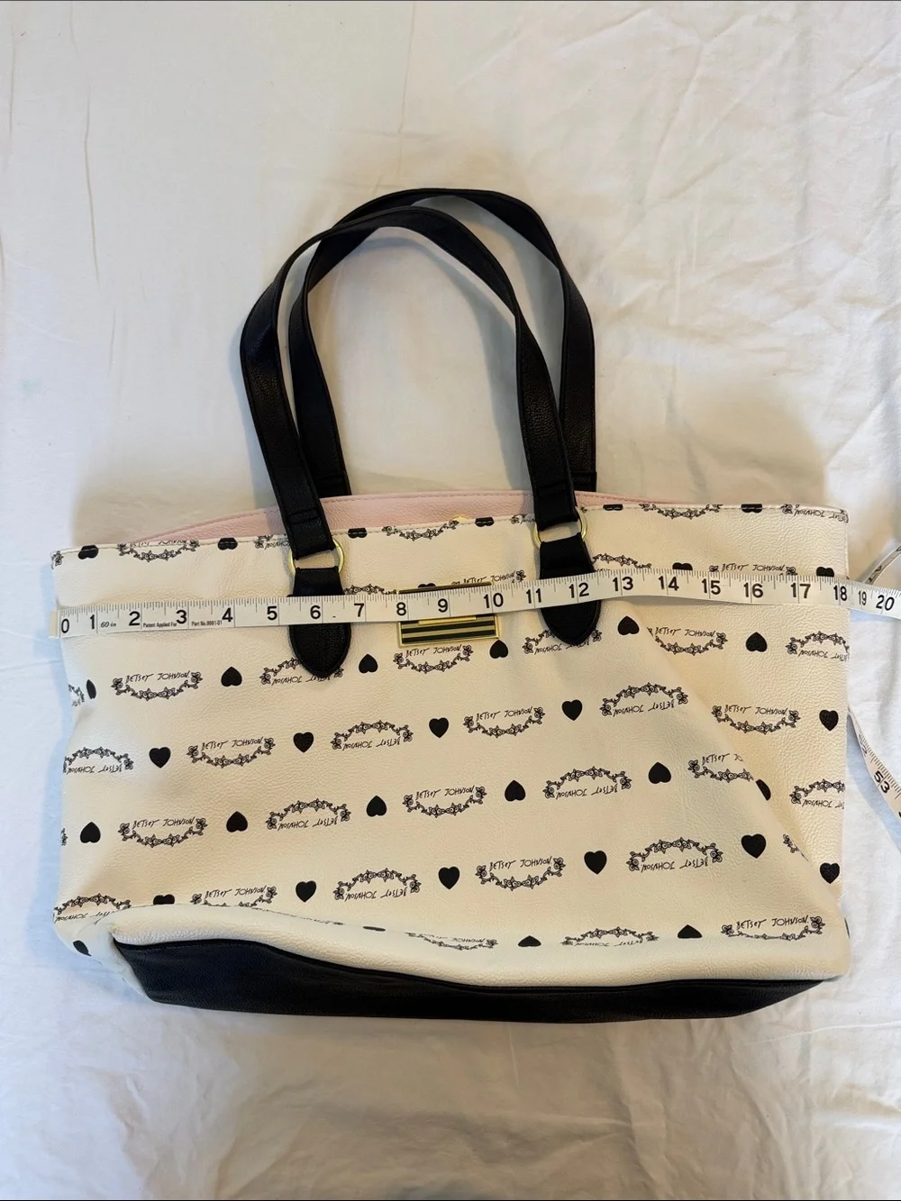 Betsey Johnson Cream and Black Logo Heart Tote with Floral Rose Interior - Picture 3 of 8